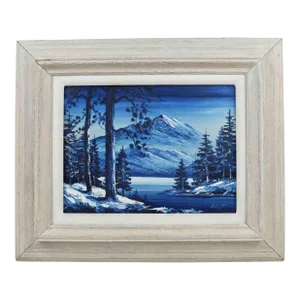 Mid 20th Century Blue and White Landscape Mountain and Forest Scene Oil Painting Signed Walt