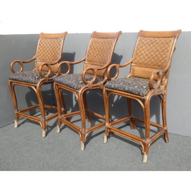 Tiki Palm Beach Style Black Brown Bamboo Rattan Bar Stools Set Of 3 Tommy Bahama Style Chairish
