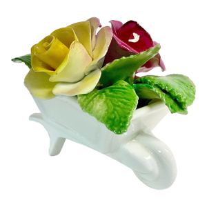 Mid-Century Chippendale English Bone China Roses in a Wheel Barrow.