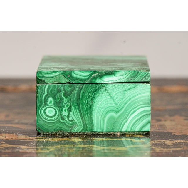 Striking Pattern Hand Polished Antique Malachite Stone Jewelry Trinket Box For Sale - Image 9 of 12