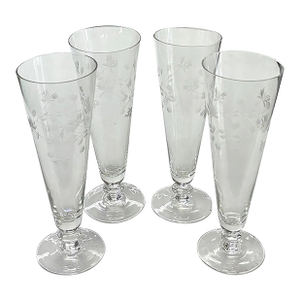 Set of 4 Mid Century Etched Glass Pilsner Beer, Cocktail Glasses