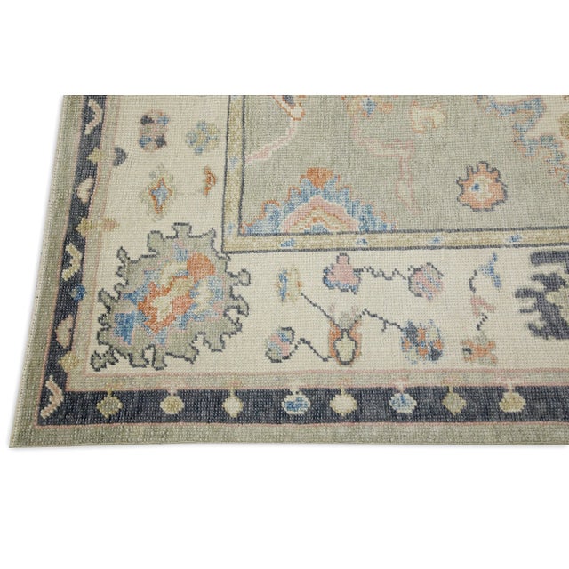 Modern Early 21st Century Green & Charcoal Floral Design Handwoven Wool Turkish Oushak Rug 4'8" X 6'5" For Sale - Image 3 of 7
