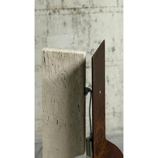 Oculus Ox Floor Lamp in Rough Iron & Travertine by D´ARK Atelier For Sale - Image 10 of 13