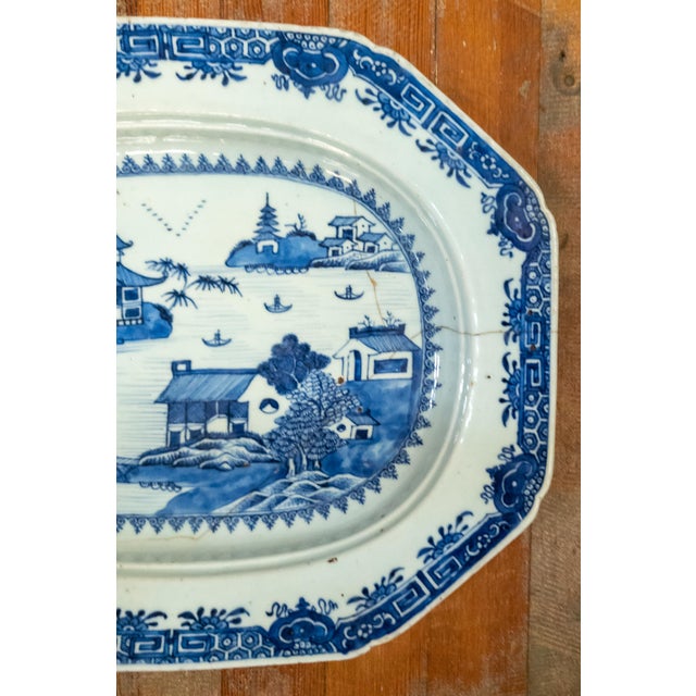 18th Century Chinese Blue and White Canton Export Vegetable Tray With Repair For Sale - Image 4 of 12