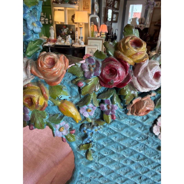 Blue Victorian Carved Painted Wooden Basket & Flowers For Sale - Image 8 of 17
