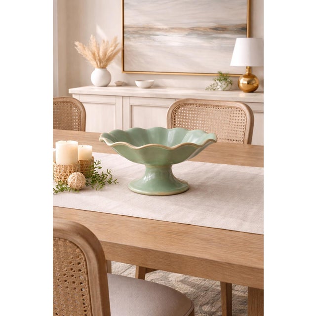Vintage Mid-Century Celadon Scalloped Pedestal Compote Bowl — Console Centerpiece For Sale - Image 9 of 12