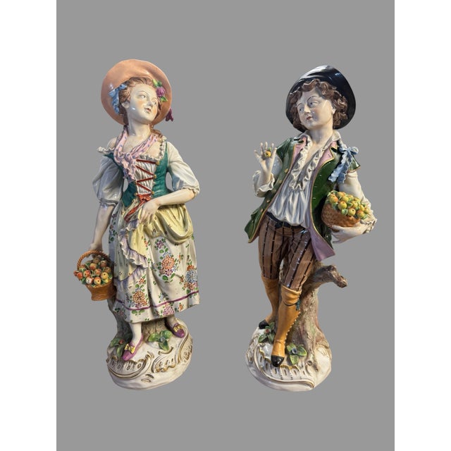 Antique Sitzendorf German Porcelain Figurines Pair Fruit Sellers 20” Large For Sale - Image 11 of 12
