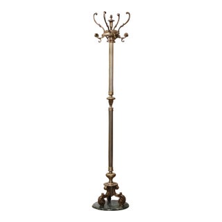 Early 20th Century French Gilt Brass Four-Hook Standing Hall Tree on Marble Base For Sale