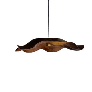 Large Flat Wavy Leaf-Shaped Teak Pendant Light with Floral Design For Sale