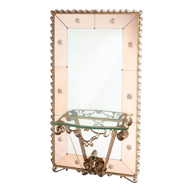Large Bevelled Mirror with Wrought Iron Frame & Glass Console, 1930s For Sale