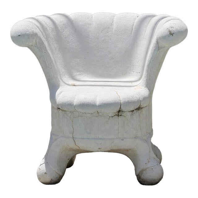 Vintage Weathered Cement Shell Form Garden Chair or Planter Chair, Extremely Heavy, 33” High For Sale