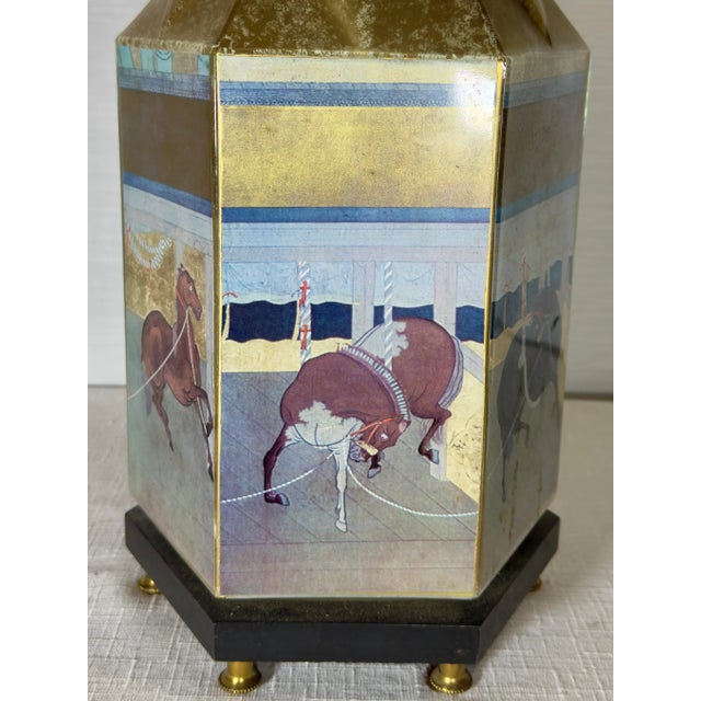 Metal Vintage Chinoiserie Reverse Painted Hexagonal Tang Horse Table Lamp With Bespoke Navy Blue Shade For Sale - Image 7 of 12