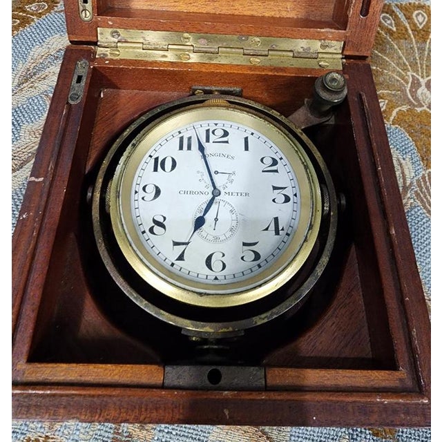 Longines Marine Chronometer Clock in Mahogany Gimbal Box, 1920 For Sale - Image 3 of 7