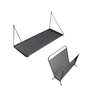 Mid-Century Perforated Metal Magazine Rack & Shelf, Set of 2 For Sale
