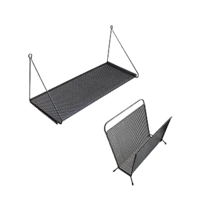 Mid-Century Perforated Metal Magazine Rack & Shelf, Set of 2