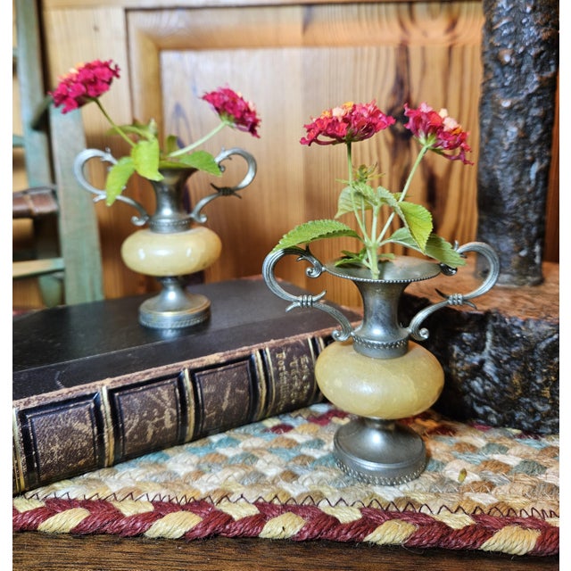 Art Deco Vintage Brass & Metal and Marble Miniature Bud Vases- Set of 2 For Sale - Image 3 of 15
