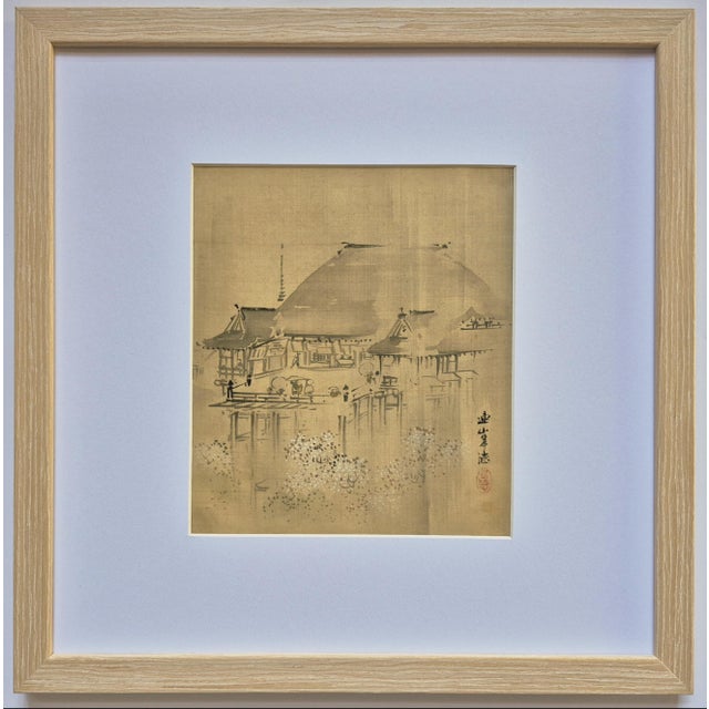 Tan Set of 4 Antique Japanese Paintings of Temples and Landscapes – Newly Framed For Sale - Image 8 of 9