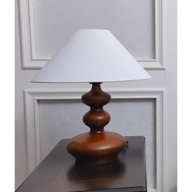 Walnut Wood Minimalist Fabric Table Lamp For Sale - Image 4 of 8