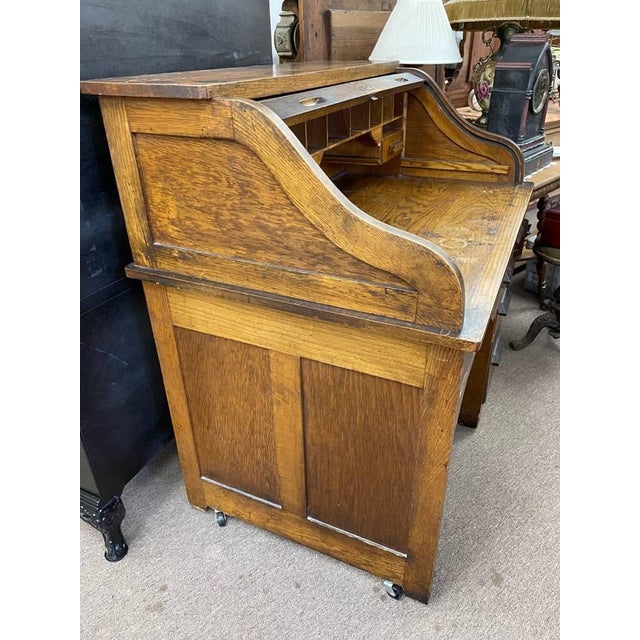 Early 20th Century Antique Tiger Oak Roll Top Desk, Accordion Style, 5 Drawers, Solid Wood For Sale - Image 5 of 10