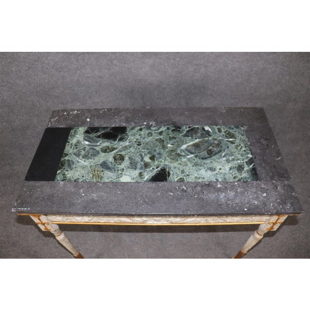 Gorgeous Pair of Pietra Dura Marble Top Creme Painted Gilded Console Tables For Sale In Philadelphia - Image 6 of 11