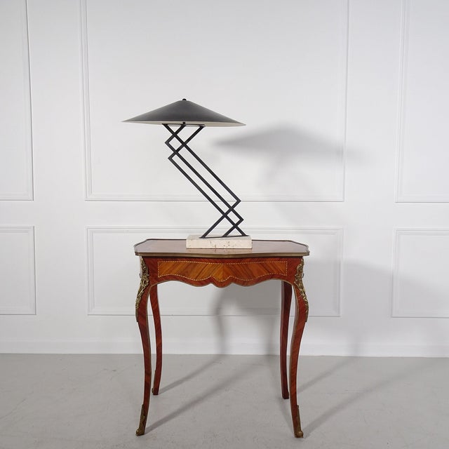 1990s 1990s Postmodern Michael Taylor Attributed Cantilevered Iron and Travertine Sculptural Lamp For Sale - Image 5 of 6