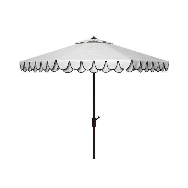 2020s Elegant Valance 9Ft Round Umbrella, Ivory With Navy Trim/Brown Pole For Sale - Image 5 of 5
