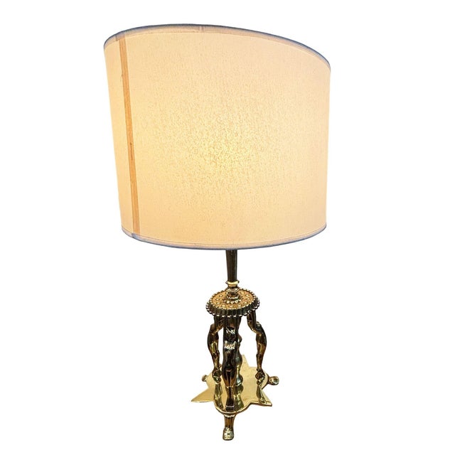 Art Deco 1920 Brass Figural Nude Art Deco Flapper Table Lamp by Frankart W/ Shade For Sale - Image 3 of 12