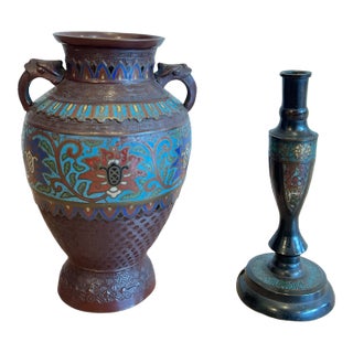 Late 19th Century Chinese Bronze Champlevé Candleholder and Vase Set- 2 Pieces For Sale