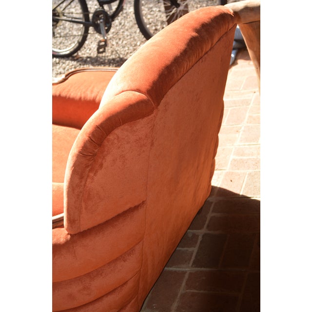 1950s Art Deco Large Orange Club / Accent Arm Chair With Wood Trim & Rounded Ribbed Sides For Sale - Image 13 of 15