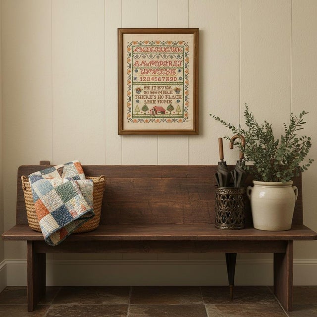 Vintage Framed Cross Stitch Sampler-Primitive-Folk Art-Needlework-Alphabet-Farm For Sale - Image 4 of 11