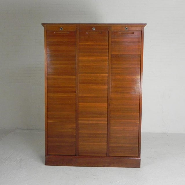 Oak Roller Shutter Cabinet with 3 Shutters, 180 Cm High, 1950s For Sale - Image 4 of 18