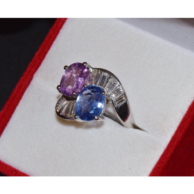 GIA Natural 6.24CTS VS F Diamond Blue And Pink Sapphire Platinum Bypass Ring Band, size 6.75 For Sale - Image 11 of 13