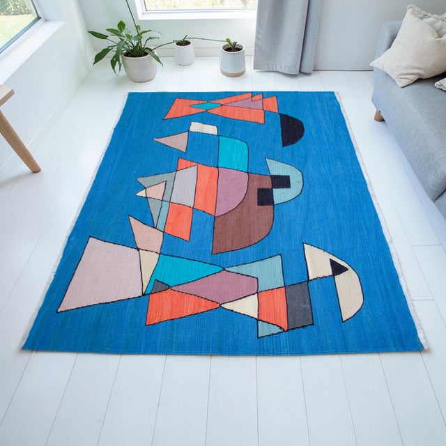 Cubism Paul Klee - Sailing Boats - Inspired Silk Hand Woven Area - Wall Rug Nautical Decor - 4′5″ × 5′11″ For Sale - Image 3 of 14