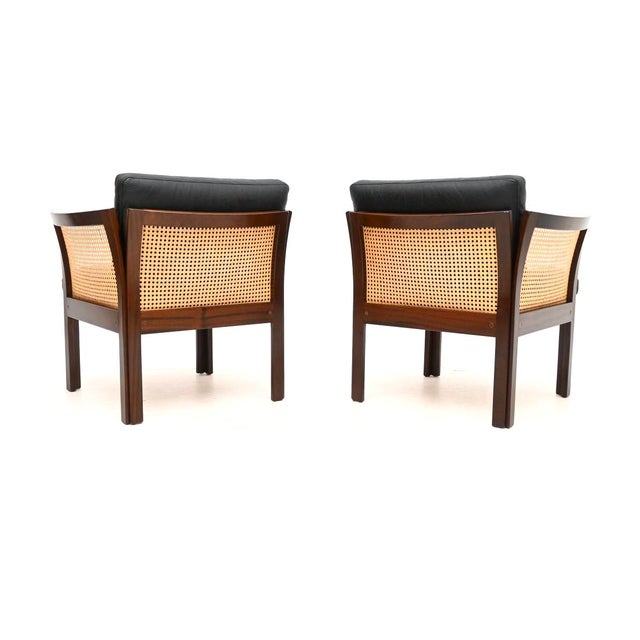 CFC Silkeborg Vintage Danish Leather and Cane Chairs by Illum Wikkelso for CFC Silkeborg, 1960, Set of 2 For Sale - Image 4 of 11