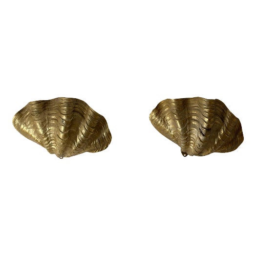 Hollywood Regency French Gilt Metal Clam Shell Wall Sconces, 1970, Set of 2 For Sale