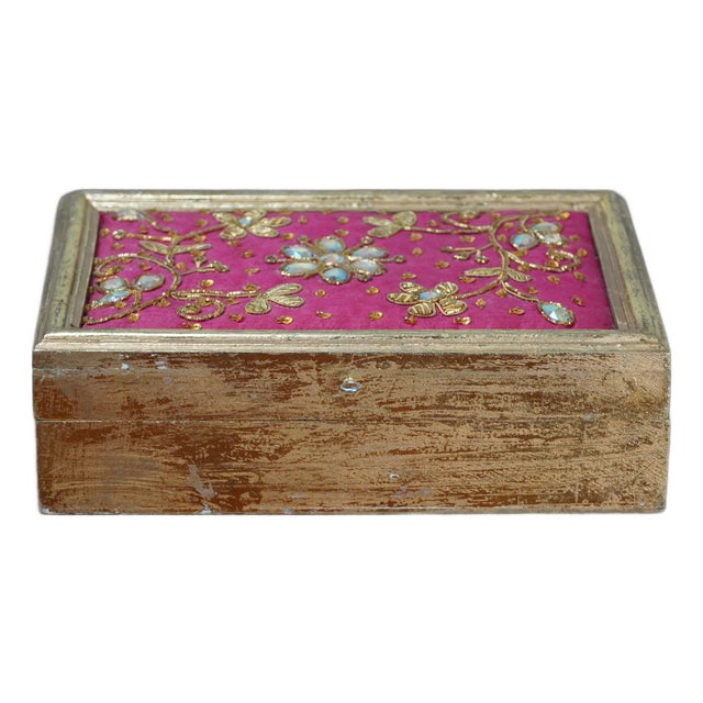 Vintage Gilt Wood and Needle Work Decorative Box Possibly Indian Zardozi For Sale