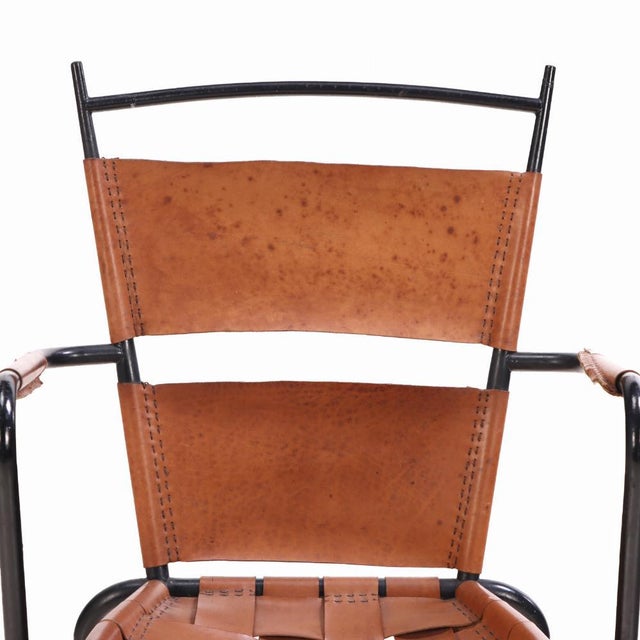 Metal A Pair of French Iron and Leather Armchairs in the Manner of Jacques Adnet, Circa 1950. For Sale - Image 7 of 8