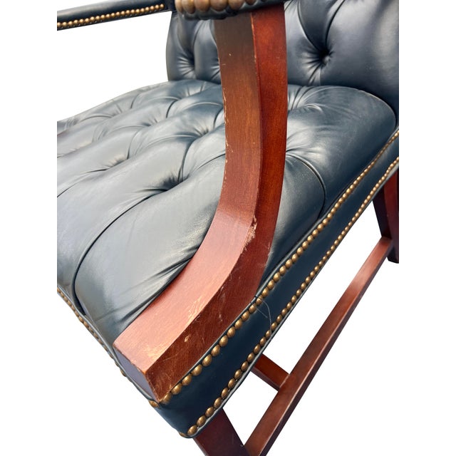 1990s Chesterfield Tufted Blue Leather Arm Chairs Set of 7 English Style With Brass Nailhead Accent's For Sale - Image 5 of 12