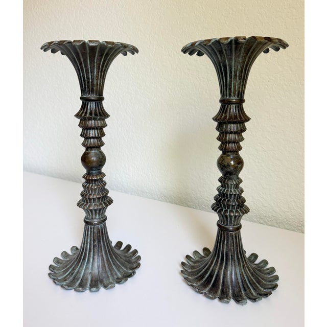 Metal Art Deco Revival Verdigris Fluted Candle Holders- A Pair For Sale - Image 7 of 8