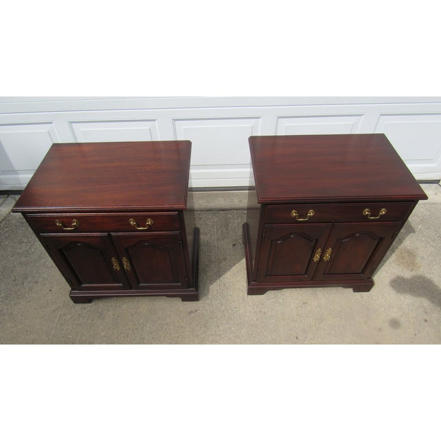 Item: Pair Henkel Harris Nightstands Details: Mahogany Great Designer Look/Quality Piece Drawer/Doors Below Signed Henkel...