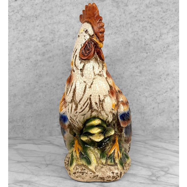 Italian Vintage Large Italian Majolica Pottery Rooster Chicken Sculpture - 17" For Sale - Image 3 of 12
