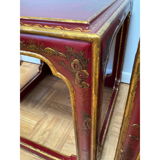 Vintage Asian Style Red Lacquer Chinoiserie Side Tables – Pair For Sale In San Francisco - Image 6 of 10