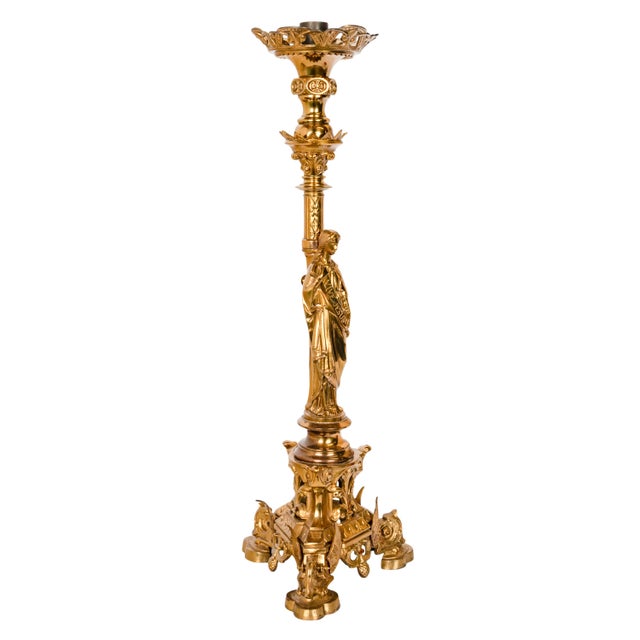 A fine & large 33" tall antique French Gothic ecclesiastical gilt bronze "Vive Jesus" candlestick, circa 1890. The...