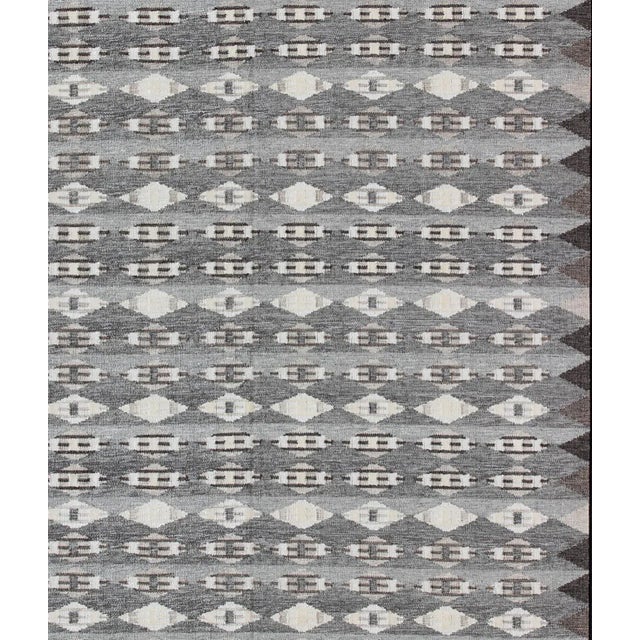 Large Modern Scandinavian flat weave with Geometric Design Rug in Gray & Brown. Rug/, This Scandinavian flat-weave rug is...