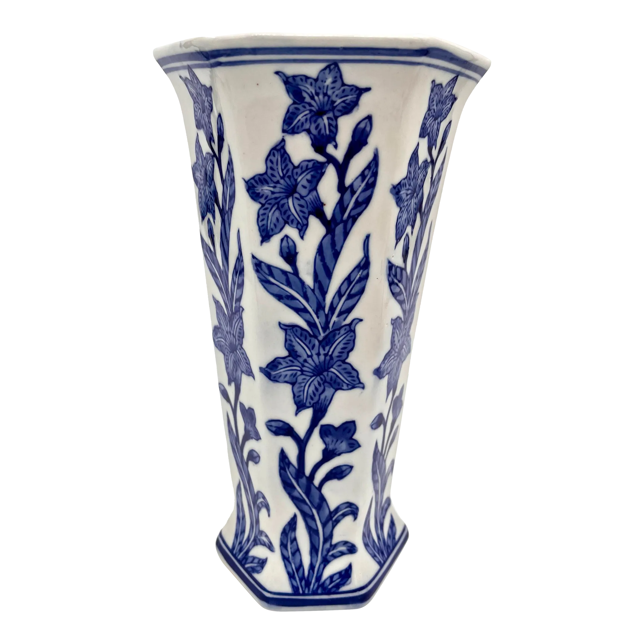 1996 Chinoiserie Blue and White Tiger Lily Hexagon Vase 