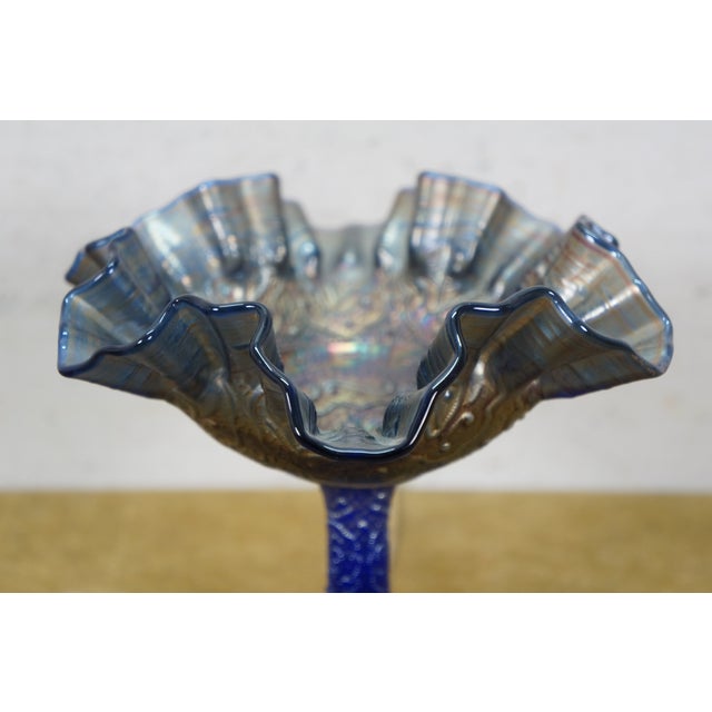 Antique Fenton Cobalt Blue Iridescent Carnival Glass Persian Medallion Compote For Sale - Image 6 of 12