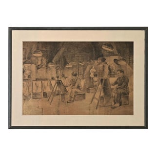 English 1920s Large Charcoal Life Drawing For Sale