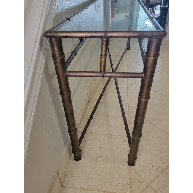 Hollywood Regency Vintage Faux‑Bamboo Metal Console Table With Glass Top For Sale - Image 3 of 12
