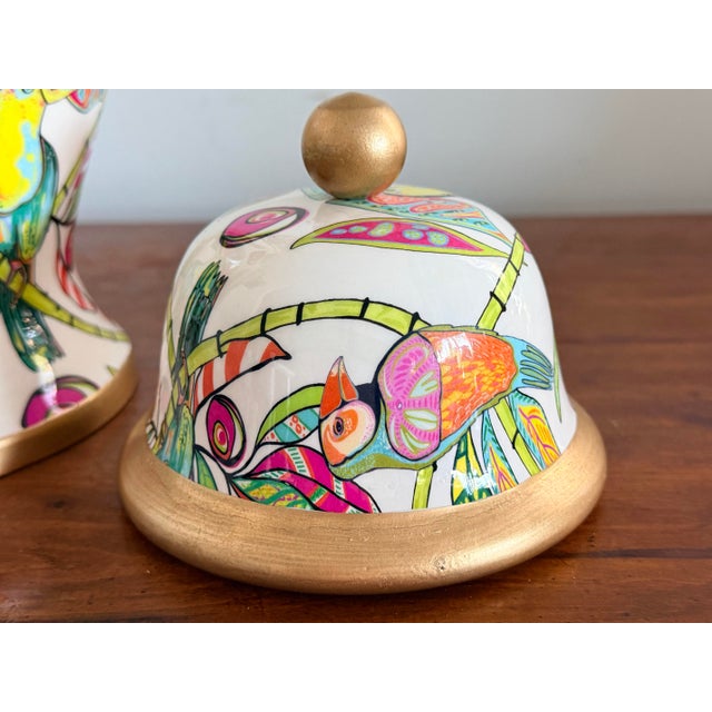 Palm Beach Style Decorative Ceramic Ginger Jar- Tropical Theme Hot Pink, Green With Gilt Accents For Sale In Savannah - Image 6 of 12