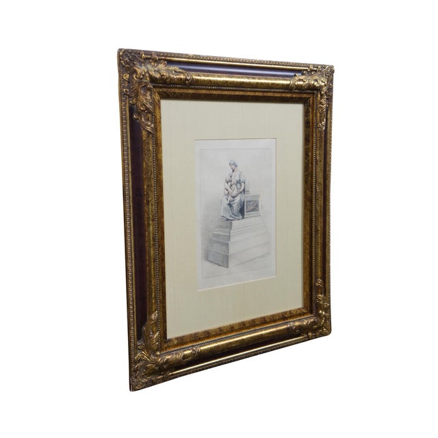 Vintage etching titled La Charité (Charity) by French sculptor Paul Dubois, engraved by E. Abot. It depicts a woman...